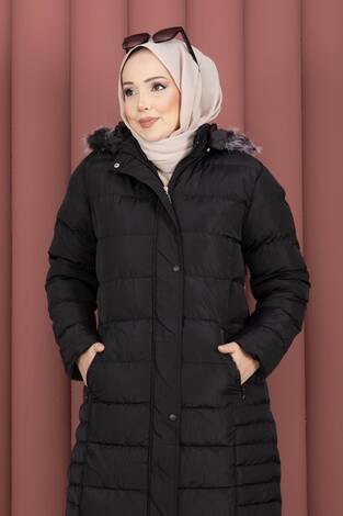 Kapüşonu Kürklü Fermuarlı Şişme Mont Siyah - Thumbnail