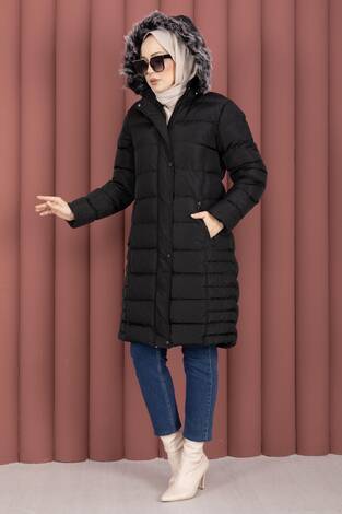 Kapüşonu Kürklü Fermuarlı Şişme Mont Siyah - Thumbnail