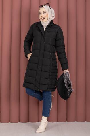 Kapüşonu Kürklü Fermuarlı Şişme Mont Siyah - Thumbnail