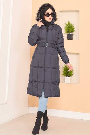 Kapüşonu Kürklü Seyyar Kemerli Şişme Mont Gri - Thumbnail