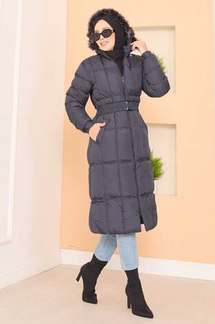 Kapüşonu Kürklü Seyyar Kemerli Şişme Mont Gri - Thumbnail