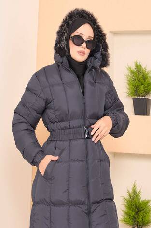 Kapüşonu Kürklü Seyyar Kemerli Şişme Mont Gri - Thumbnail