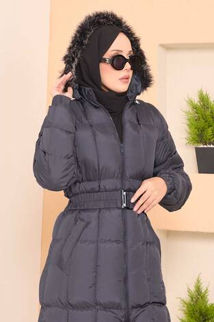 Kapüşonu Kürklü Seyyar Kemerli Şişme Mont Gri - Thumbnail