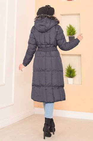 Kapüşonu Kürklü Seyyar Kemerli Şişme Mont Gri - Thumbnail