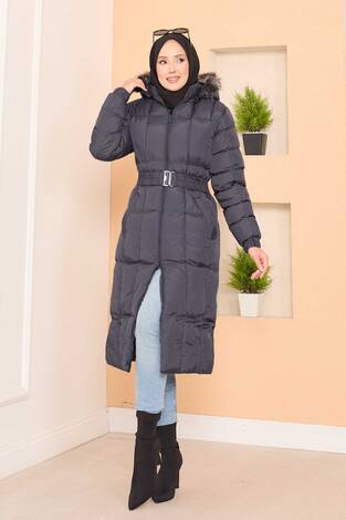 Kapüşonu Kürklü Seyyar Kemerli Şişme Mont Gri - Thumbnail