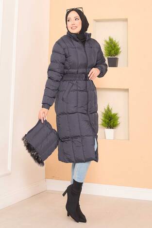 Kapüşonu Kürklü Seyyar Kemerli Şişme Mont Gri - Thumbnail