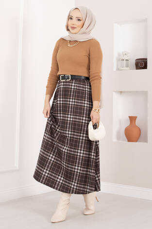Kare Desenli Scuba Etek Kahve - Thumbnail