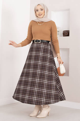 Kare Desenli Scuba Etek Kahve - Thumbnail