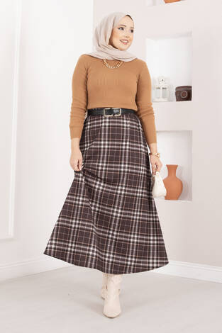Kare Desenli Scuba Etek Kahve - Thumbnail