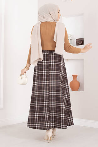 Kare Desenli Scuba Etek Kahve - Thumbnail