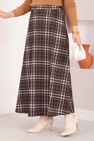 Kare Desenli Scuba Etek Kahve - Thumbnail