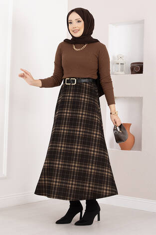 Kare Desenli Scuba Etek Siyah-Camel - Thumbnail