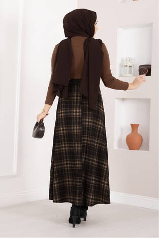 Kare Desenli Scuba Etek Siyah-Camel - Thumbnail