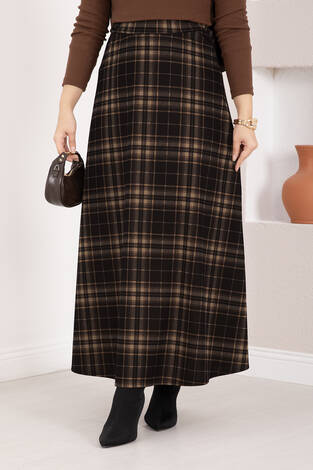 Kare Desenli Scuba Etek Siyah-Camel - Thumbnail