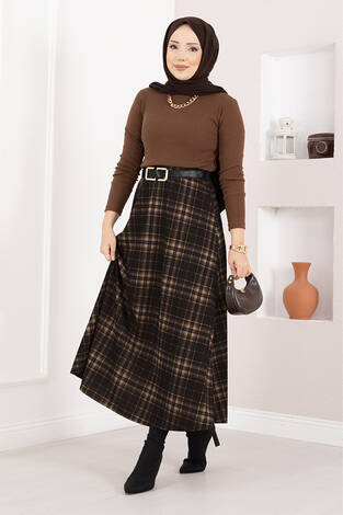 Kare Desenli Scuba Etek Siyah-Camel - Thumbnail