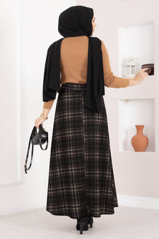 Kare Desenli Scuba Etek Siyah - Taş - Thumbnail