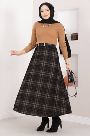 Kare Desenli Scuba Etek Siyah - Taş - Thumbnail