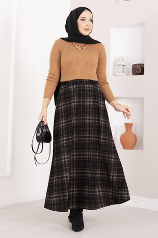 Kare Desenli Scuba Etek Siyah - Taş - Thumbnail