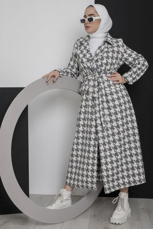 Kareli Beli Kuşaklı Tesettür Kap Gri - Thumbnail