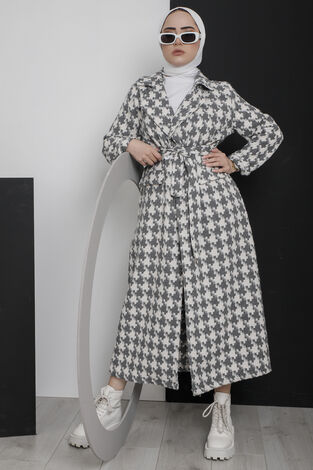 Kareli Beli Kuşaklı Tesettür Kap Gri - Thumbnail