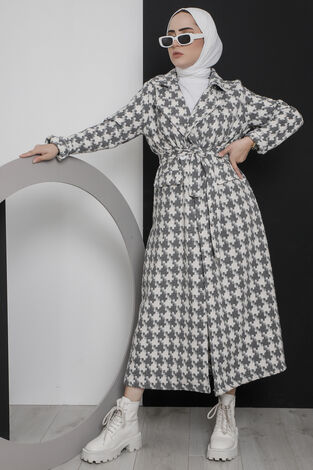Kareli Beli Kuşaklı Tesettür Kap Gri - Thumbnail