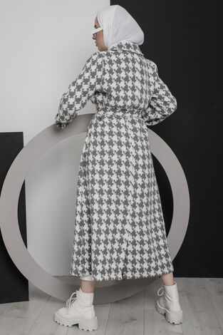 Kareli Beli Kuşaklı Tesettür Kap Gri - Thumbnail