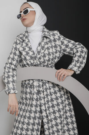 Kareli Beli Kuşaklı Tesettür Kap Gri - Thumbnail
