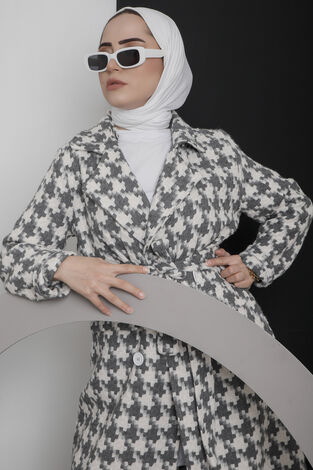 Kareli Beli Kuşaklı Tesettür Kap Gri - Thumbnail