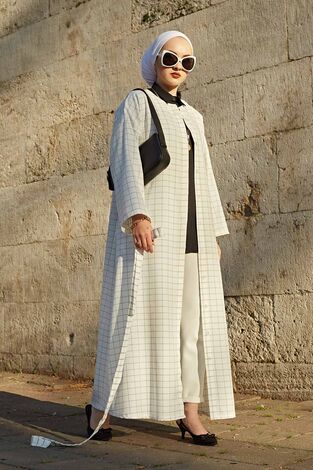 Kareli Boydan Gizli Düğmeli Elbise 100MD10261 Beyaz - Thumbnail