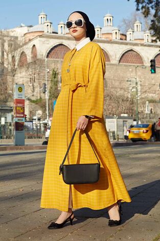 Kareli Boydan Gizli Düğmeli Elbise 100MD10261 Sarı - Thumbnail
