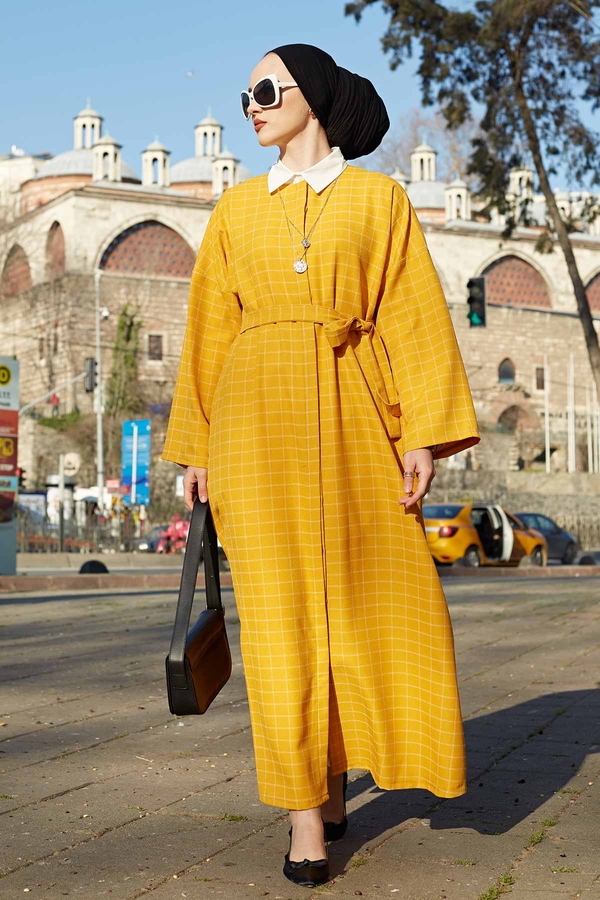 Kareli Boydan Gizli Düğmeli Elbise 100MD10261 Sarı