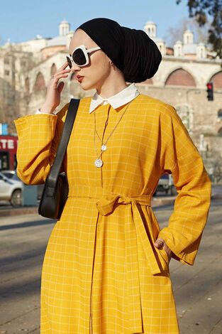 Kareli Boydan Gizli Düğmeli Elbise 100MD10261 Sarı - Thumbnail