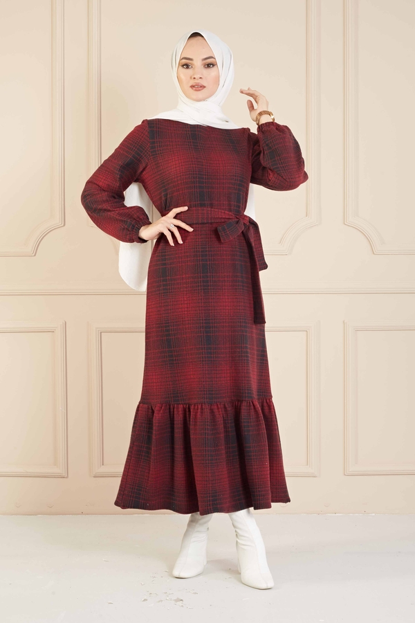 Kareli Elbise 100MD10128 Bordo- Siyah Kareli Elbise 100MD10128 Bordo- Siyah