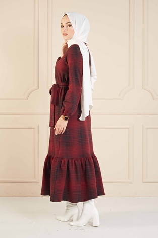 Kareli Elbise 100MD10128 Bordo- Siyah - Thumbnail