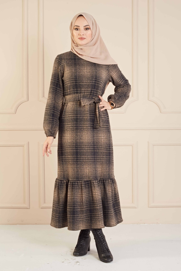 Kareli Elbise 100MD10128 Camel-Siyah Kareli Elbise 100MD10128 Camel-Siyah