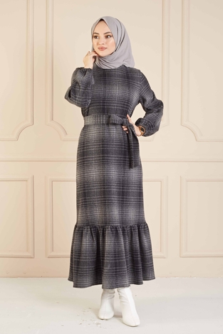 Kareli Elbise 100MD10128 Gri-Siyah - Thumbnail