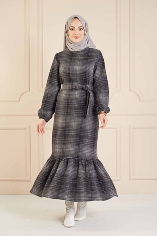 Kareli Elbise 100MD10128 Gri-Siyah - Thumbnail