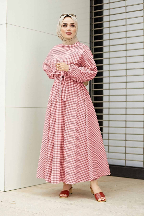 Kps - Kareli Mevlana Elbise 540KPS-8978 Kırmızı