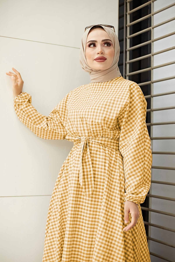 Kps - Kareli Mevlana Elbise 540KPS-8978 Sarı (1)