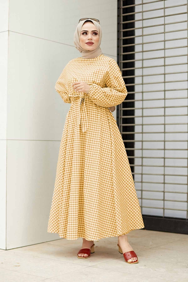 Kps - Kareli Mevlana Elbise 540KPS-8978 Sarı