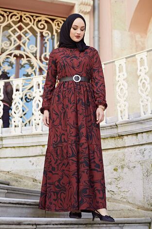 Karışık Desenli Elbise 120NY-1591 Acı Bordo - Thumbnail