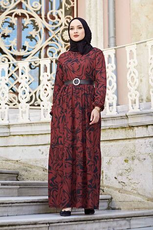 Karışık Desenli Elbise 120NY-1591 Acı Bordo - Thumbnail