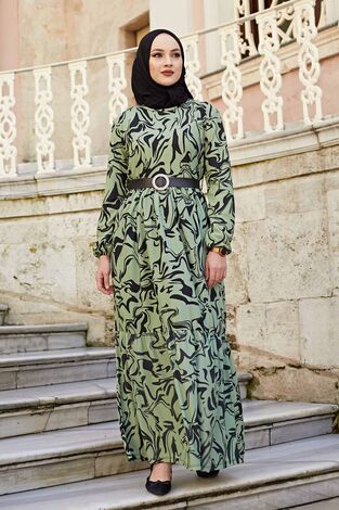 Karışık Desenli Elbise 120NY-1591 Çağla Yeşili - Thumbnail