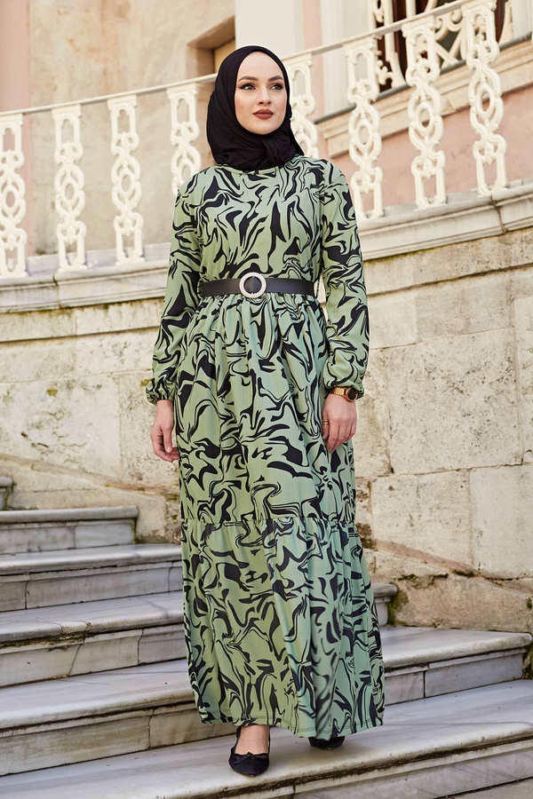 Karışık Desenli Elbise 120NY-1591 Çağla Yeşili