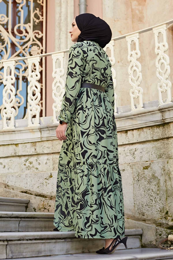 Karışık Desenli Elbise 120NY-1591 Çağla Yeşili