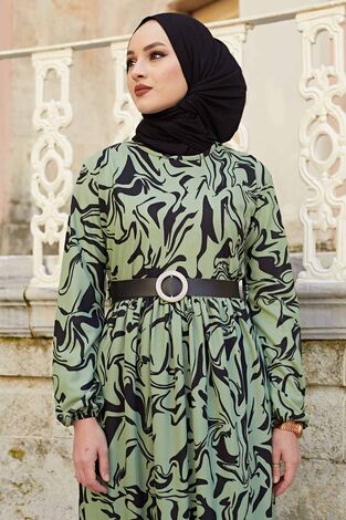 Karışık Desenli Elbise 120NY-1591 Çağla Yeşili - Thumbnail