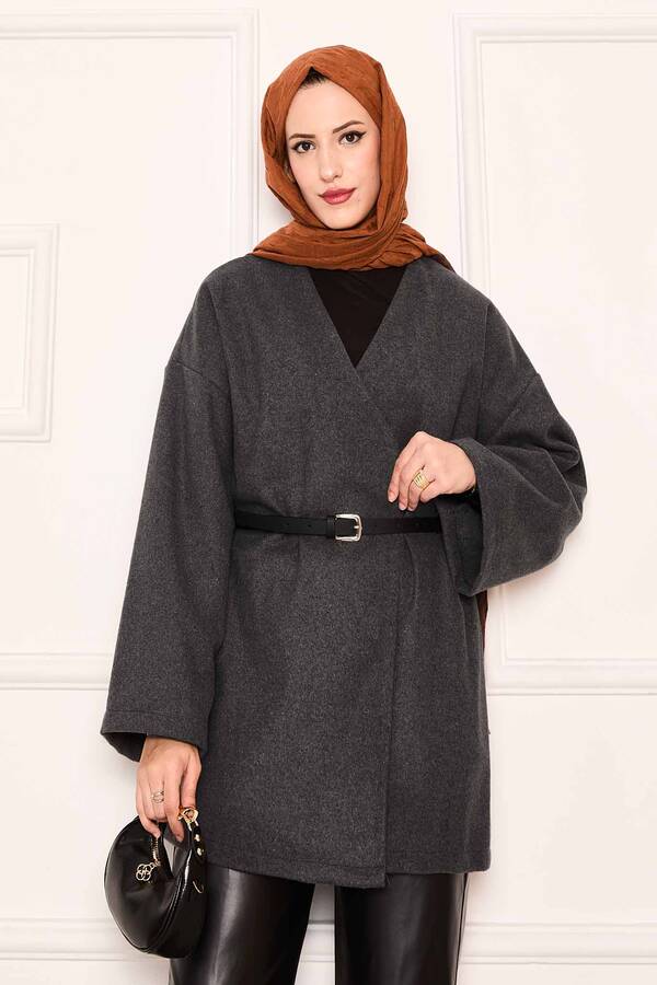 Kaşe Kumaş Zarif Oversize Kap Antrasit - 4