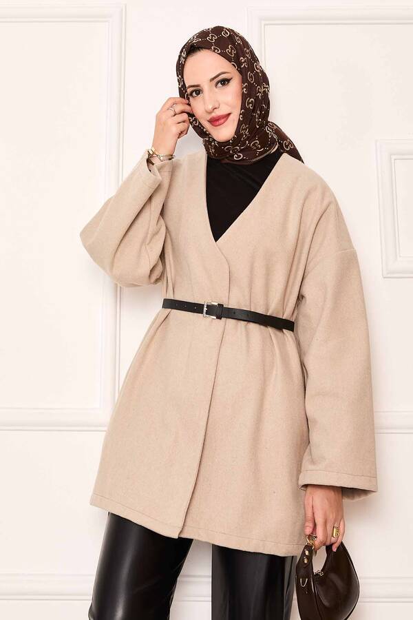 Kaşe Kumaş Zarif Oversize Kap Bej - 4