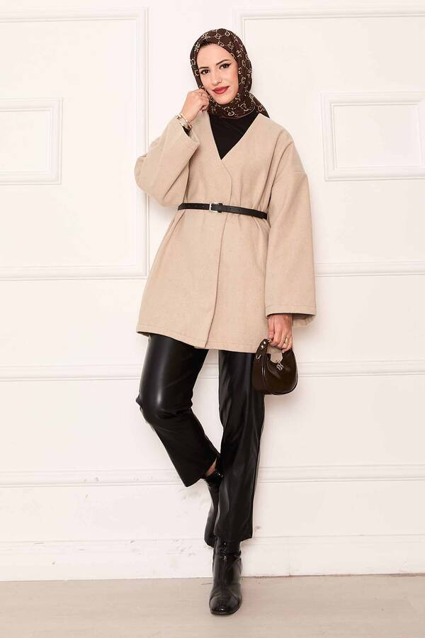Kaşe Kumaş Zarif Oversize Kap Bej - 5