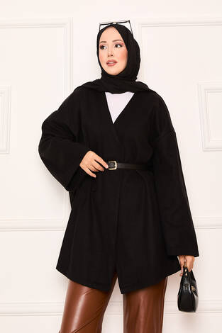 Kaşe Kumaş Zarif Oversize Kap Siyah - Thumbnail